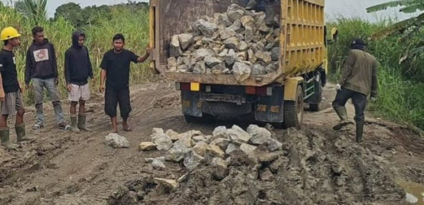 Gotong Royong Sopir dan Perusahaan Perbaiki Jalan di Kaltim