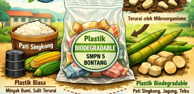 Ilustrasi gambar tentang inovasi Plastik Biodegradable garapan SMP Negeri 5 Bontang. (Doc. ChatGPT)